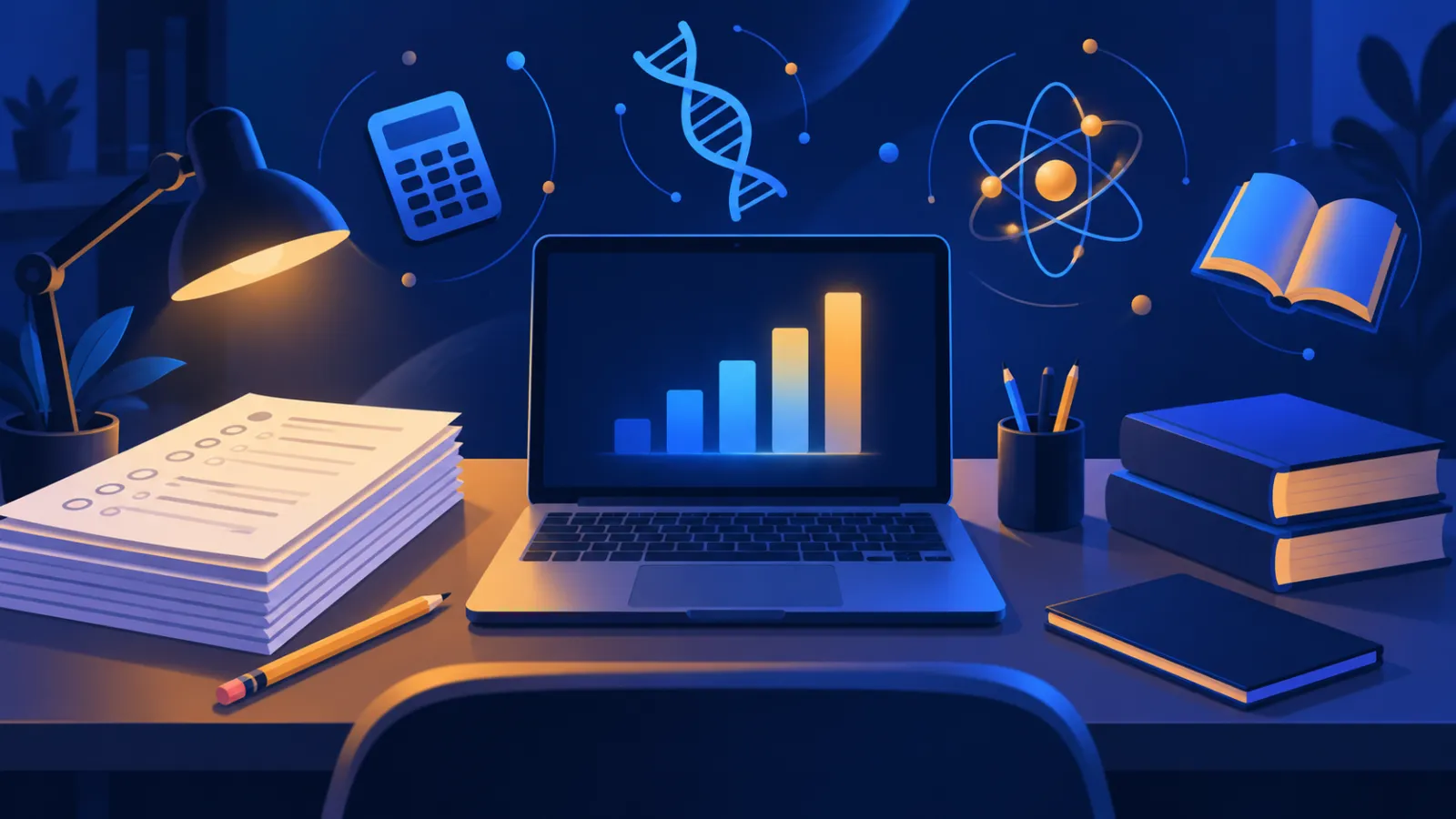 Illustration of a study desk with a laptop showing rising score bars, exam papers and floating science and math icons