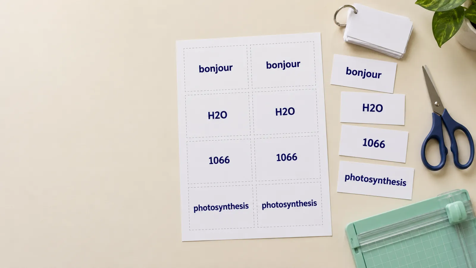 A printed sheet of 8 flashcards with cut-out cards for bonjour, H2O, 1066 and photosynthesis, scissors and a paper trimmer