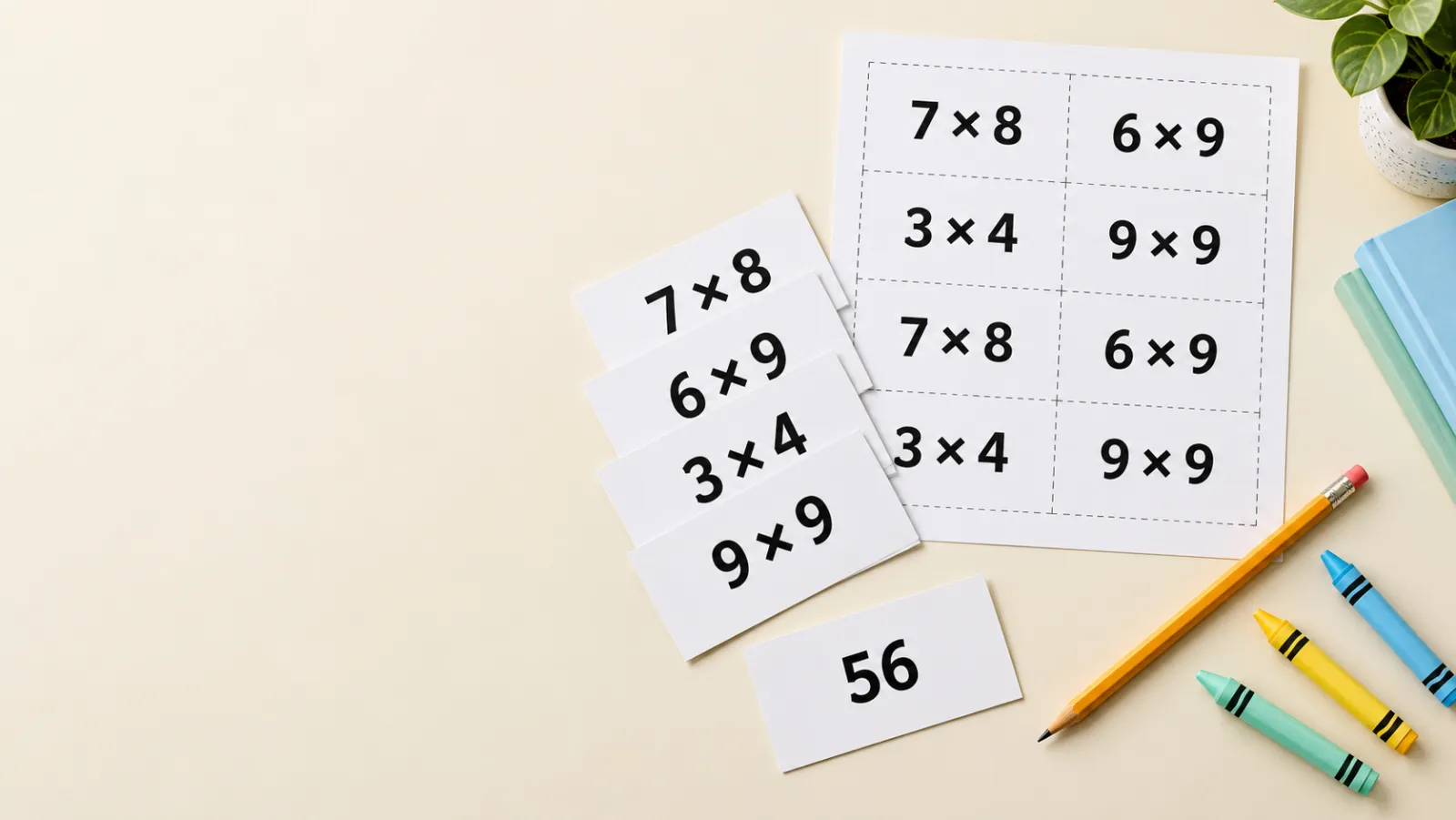 Cut-out multiplication flashcards — 7 × 8, 6 × 9, 3 × 4, 9 × 9 — with the answer card 56 and a printed sheet of 8