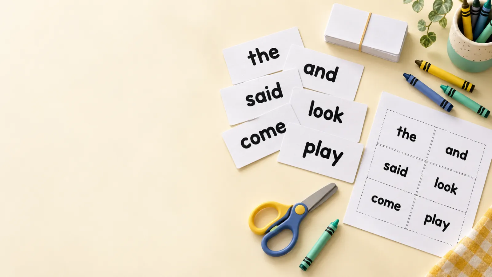 Cut-out sight word flashcards — the, and, said, look, come, play — next to a printed sheet of 8 cards