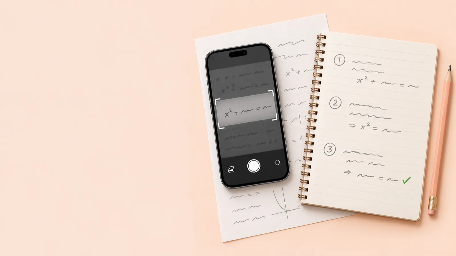 A photo of a homework problem next to a worked, step-by-step solution and concept flashcards