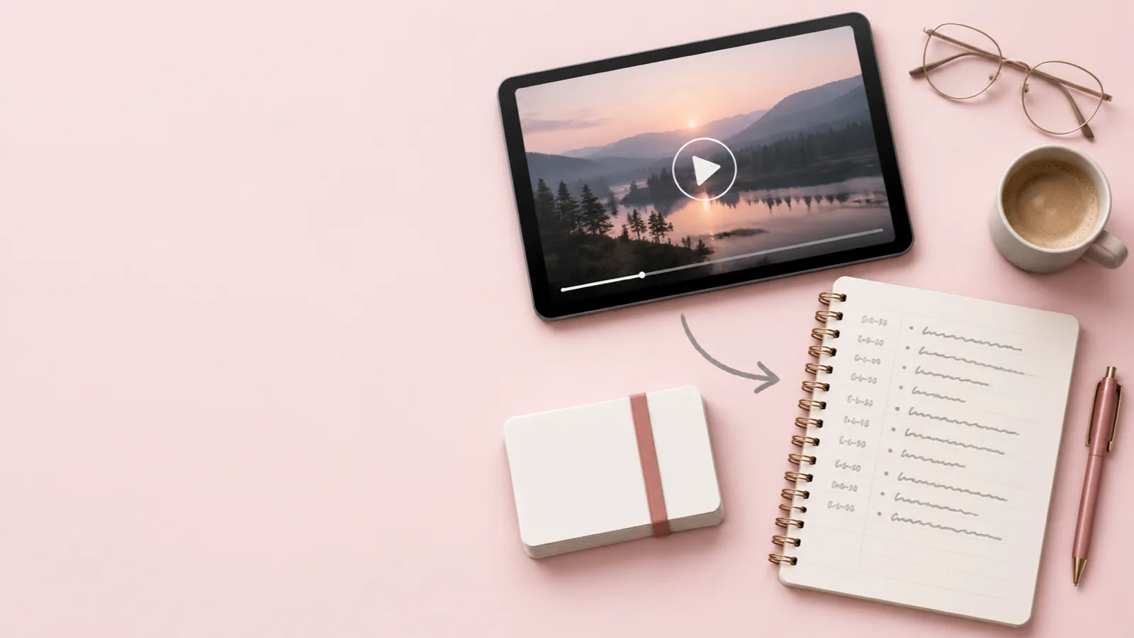 A lecture video turning into an outline of notes and a stack of flashcards