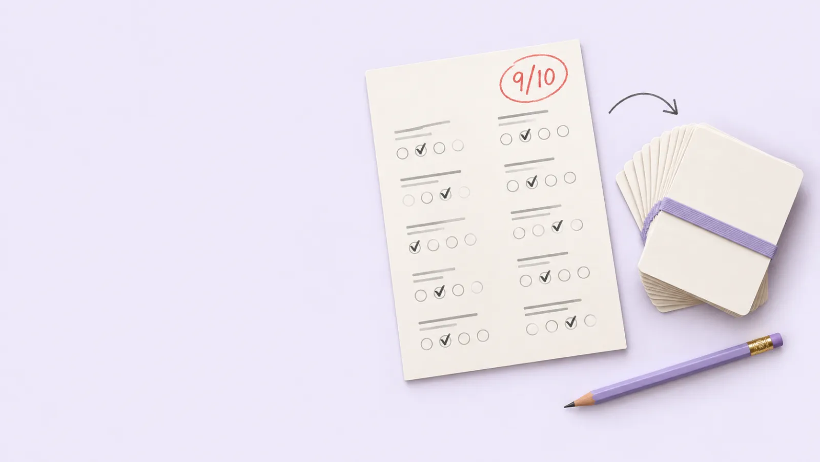 A practice test with ticked multiple-choice answers and a score of 9 out of 10, next to a stack of flashcards made from it