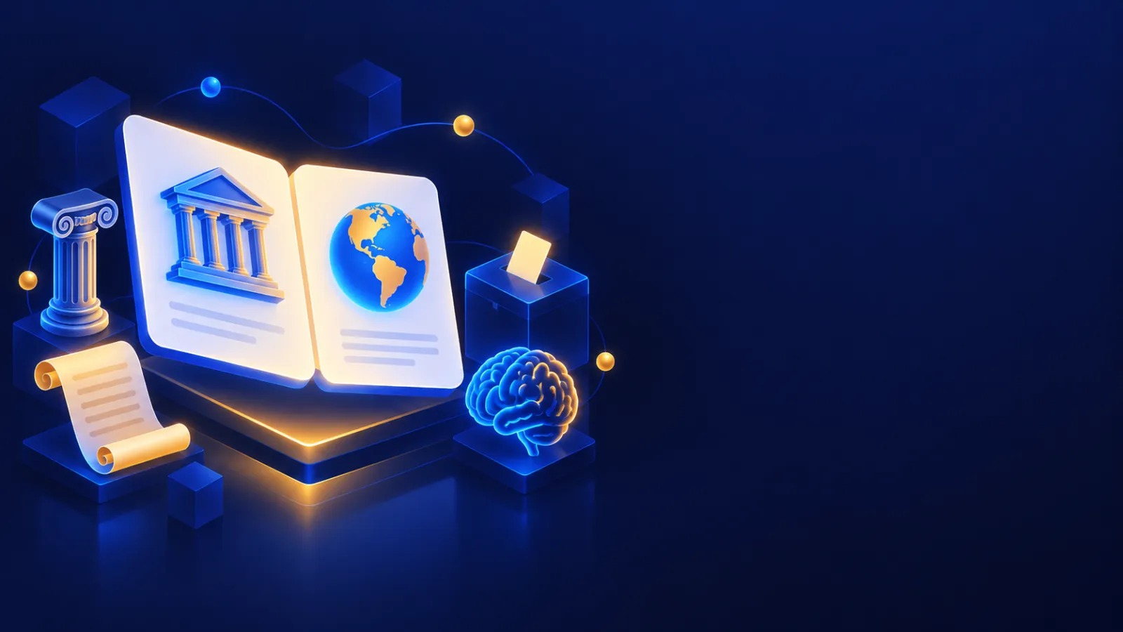 Open flashcard with a classical column, scroll, globe, ballot box and brain