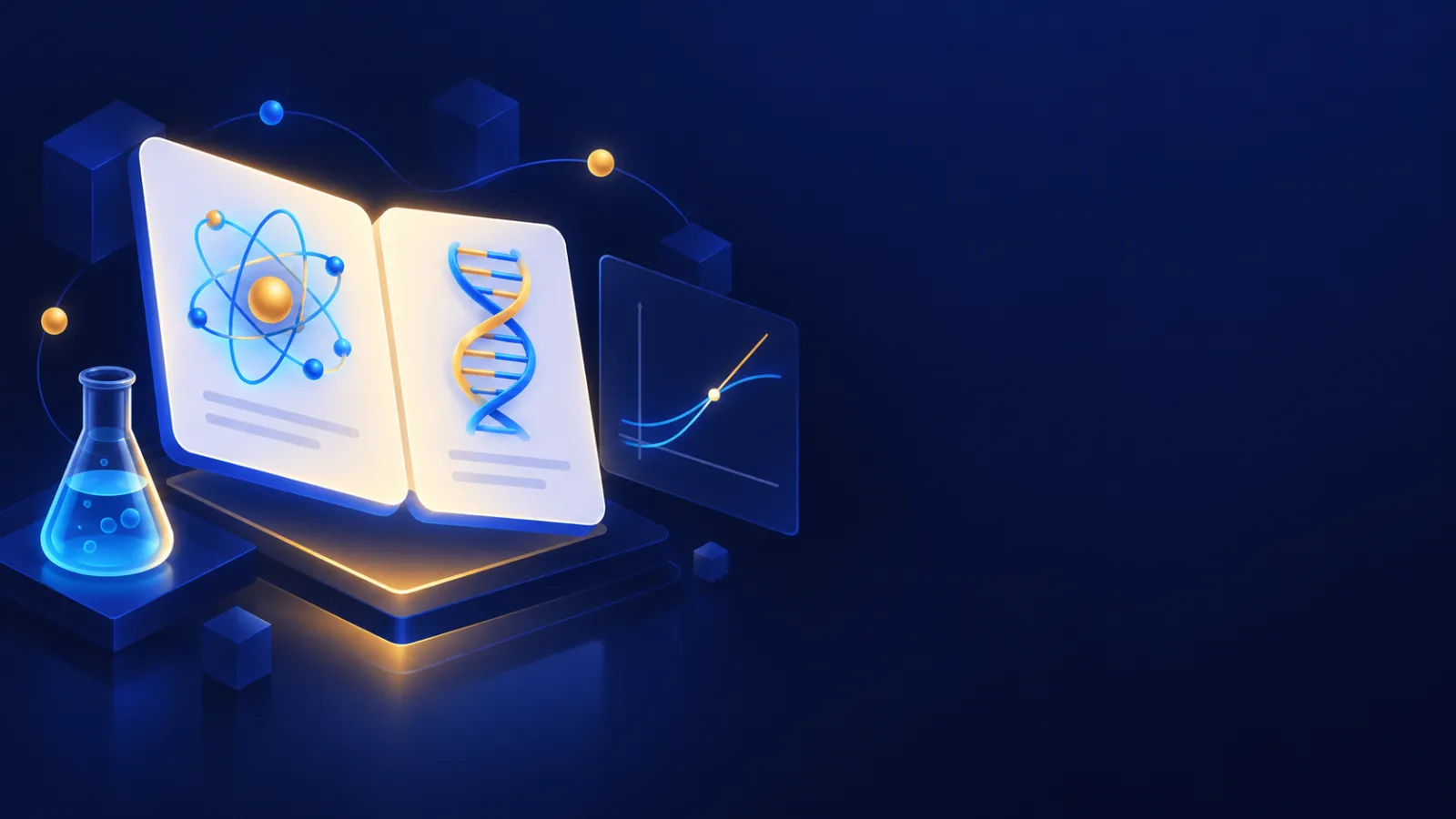 Open flashcard surrounded by an atom, DNA helix, beaker and calculus graph