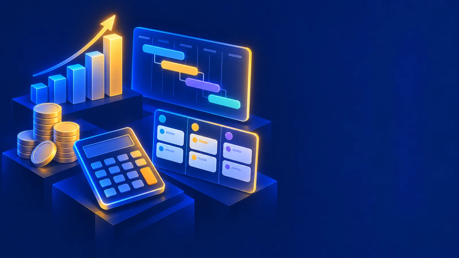 Bar chart, Gantt timeline, coins, calculator and kanban board