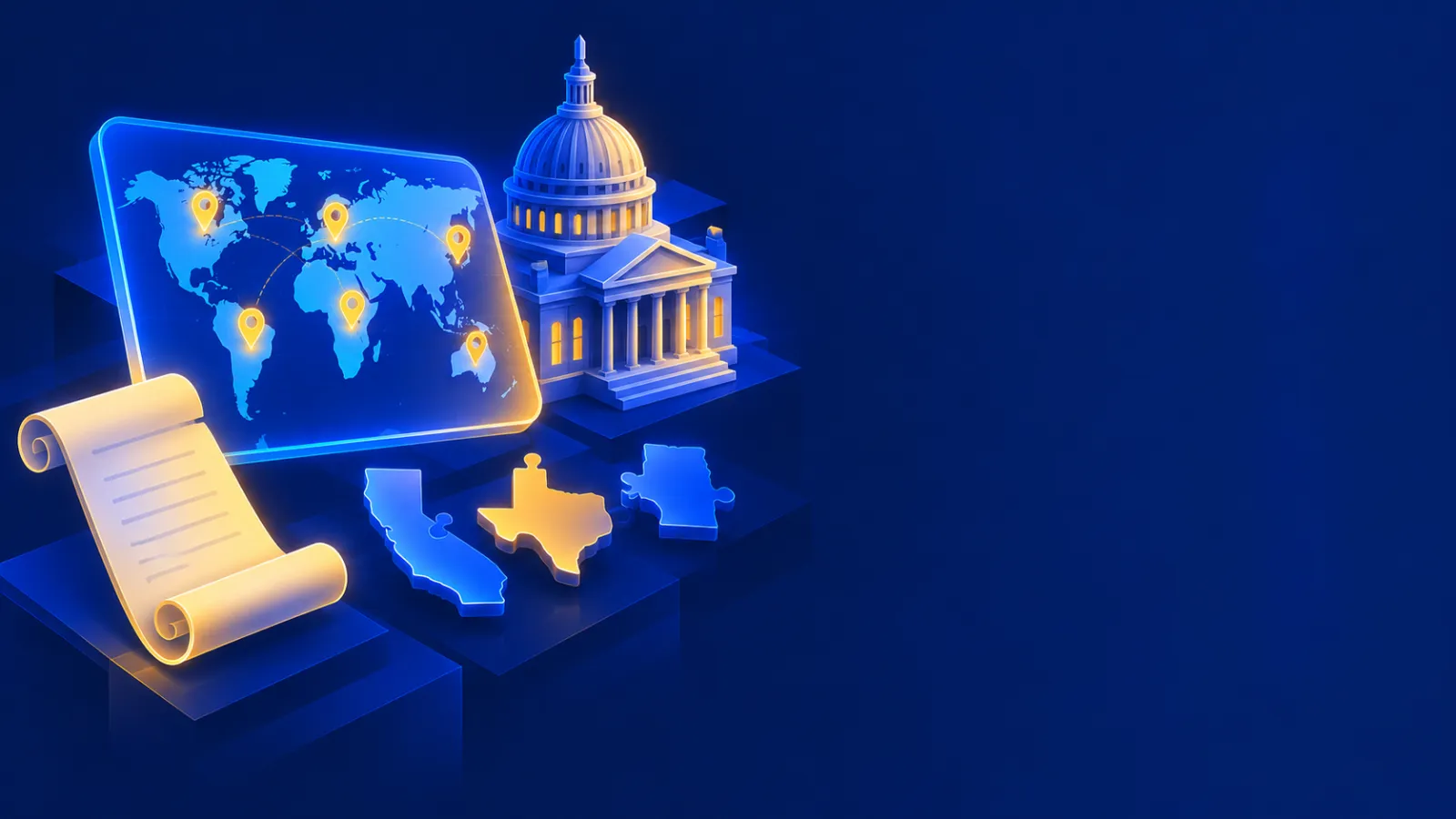 World map with pins, a capitol dome, state cut-outs and a scroll