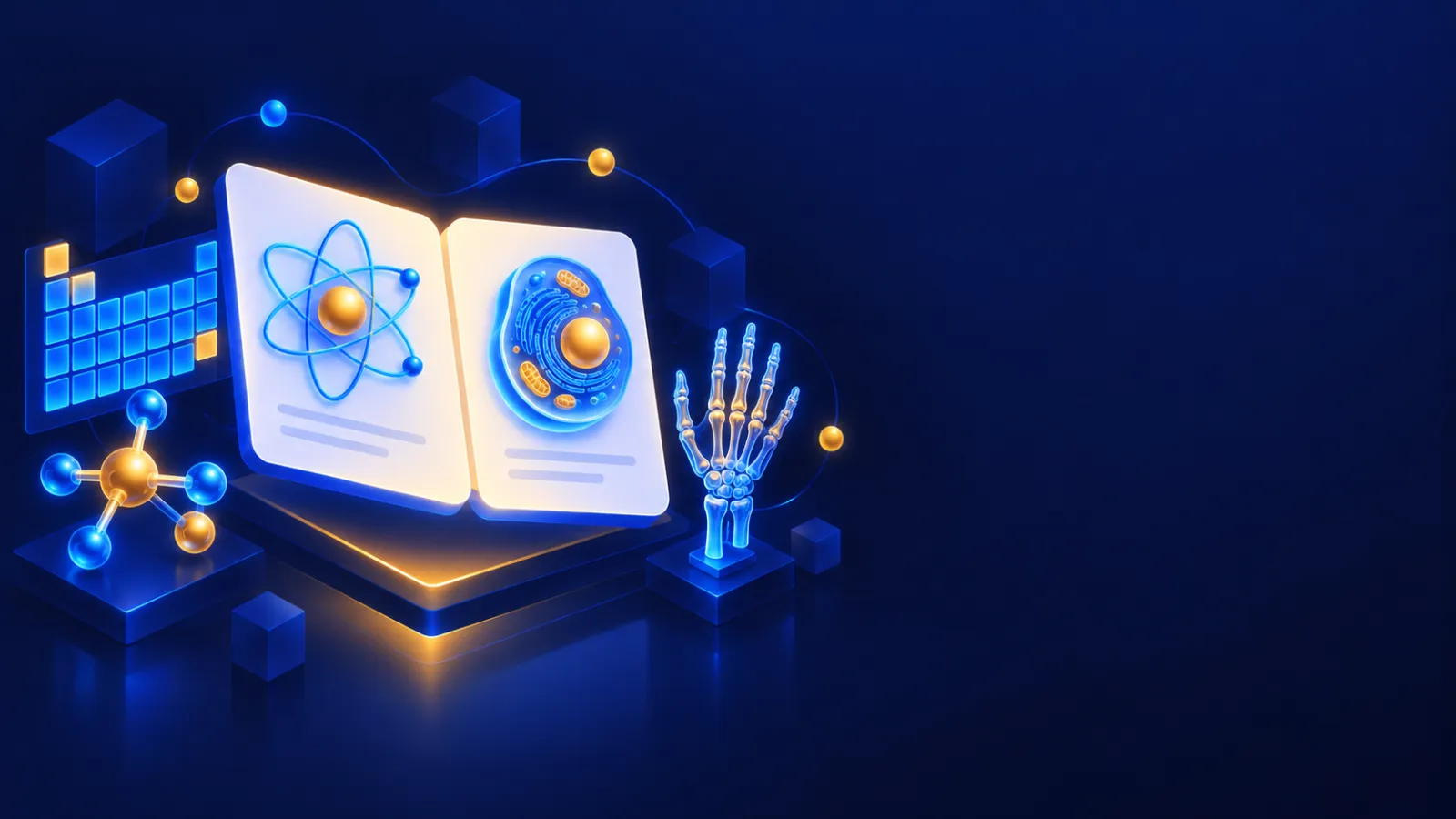Flashcard with periodic table tiles, a molecule, a cell and a skeleton hand