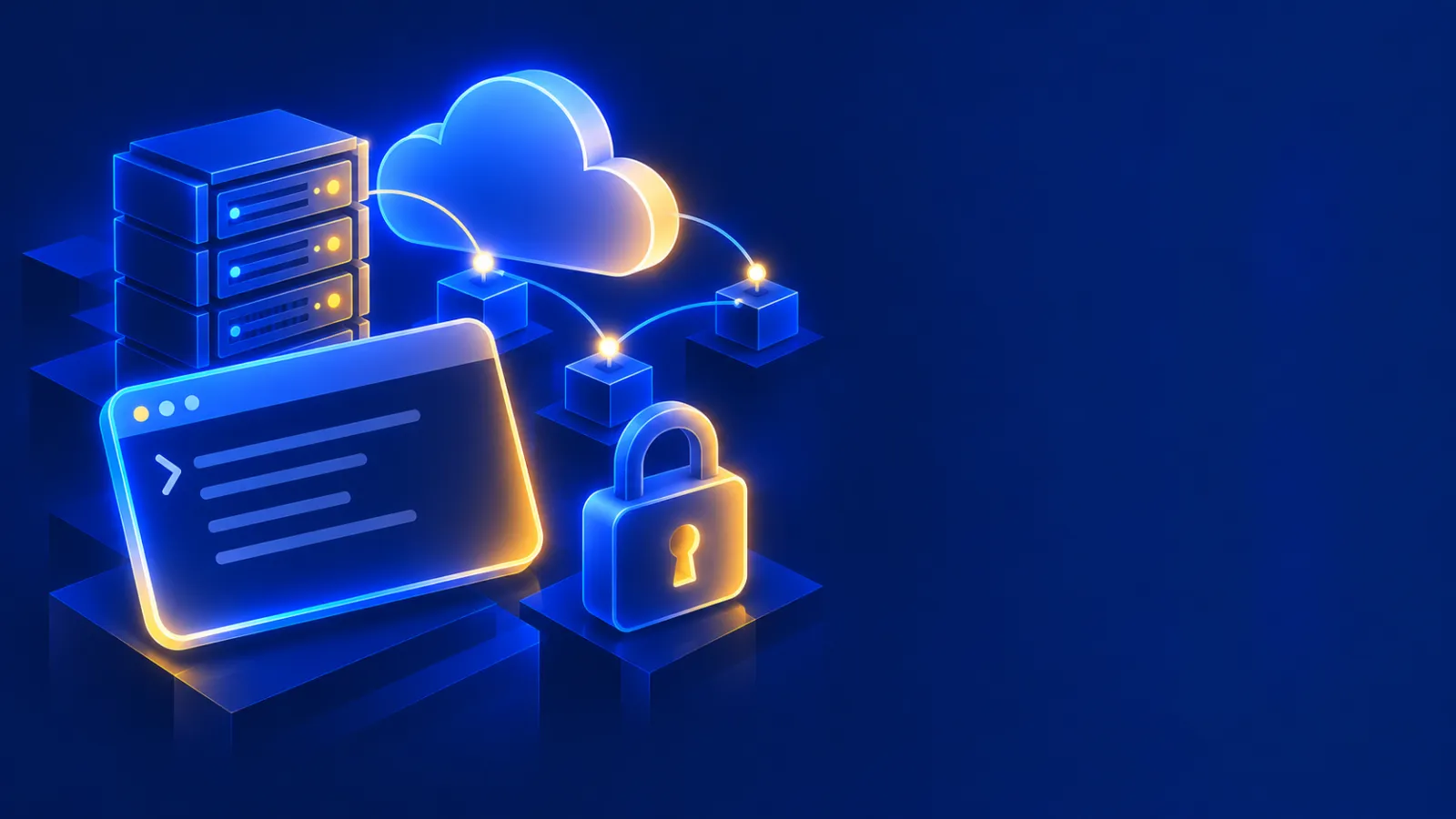 Server rack, cloud, terminal window, padlock and network nodes