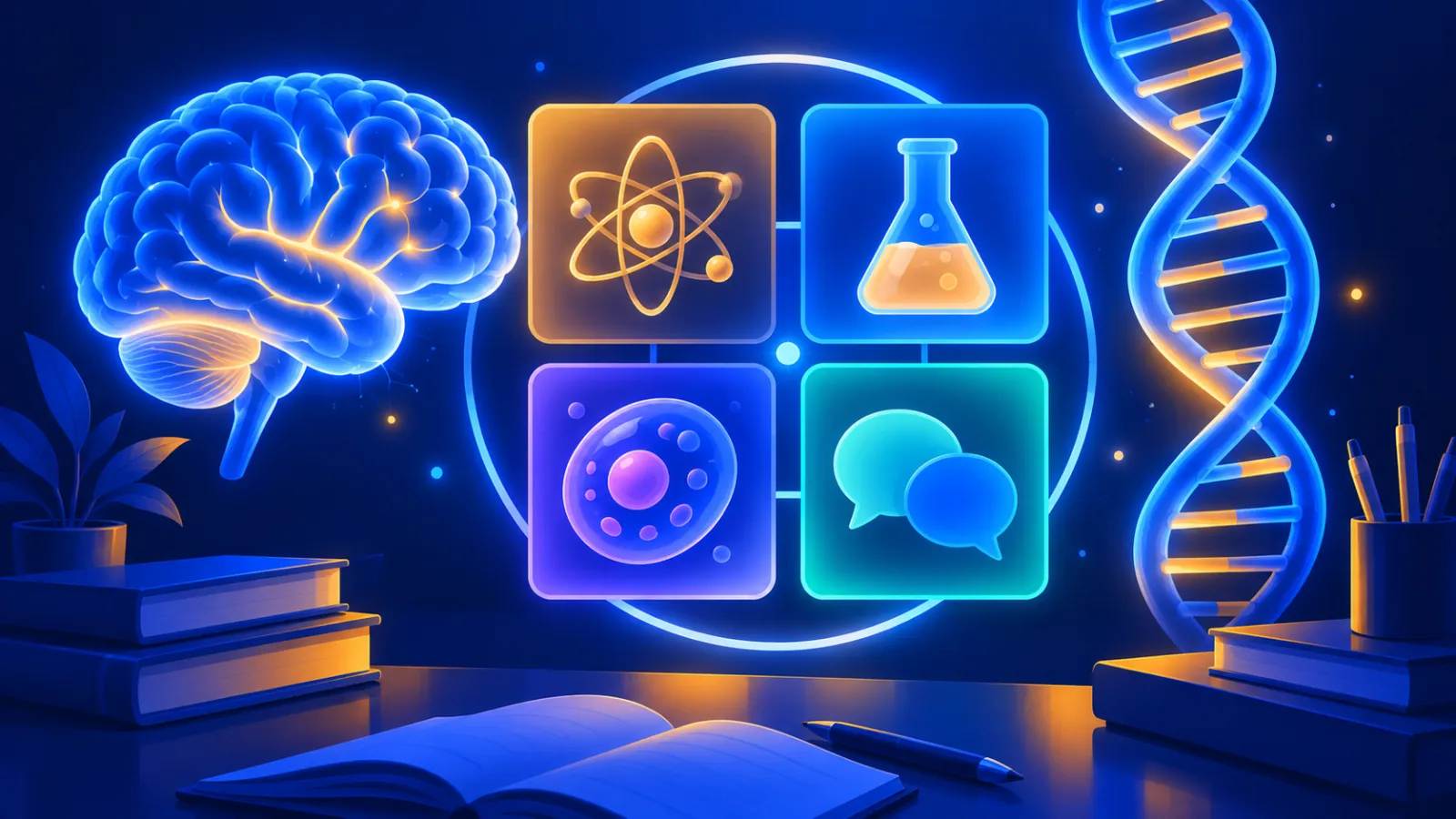 Illustration of a brain and DNA helix beside four MCAT section panels