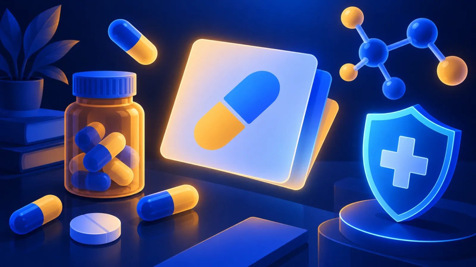 Illustration of capsules, a pill bottle, a molecule and a shield around a flashcard